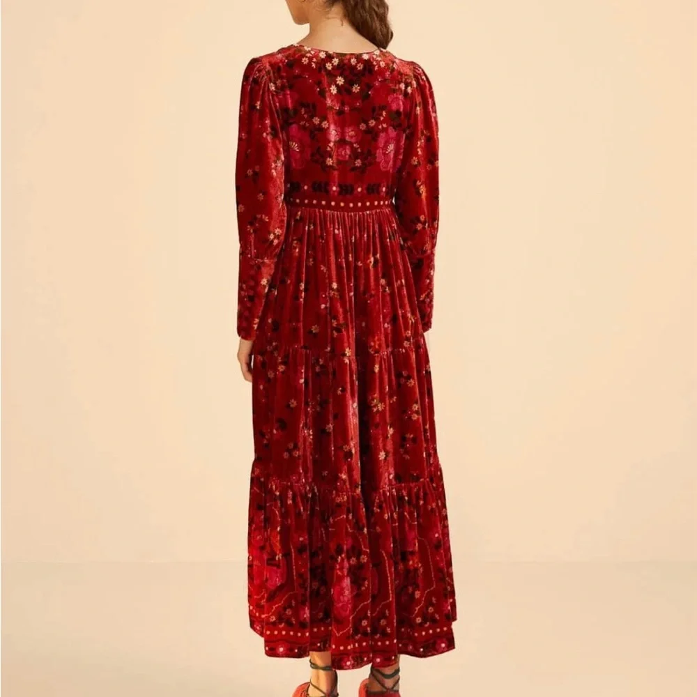 Farm Rio Romantic Garden Red Maxi Dress-small. Velvet - Picture 4 of 4